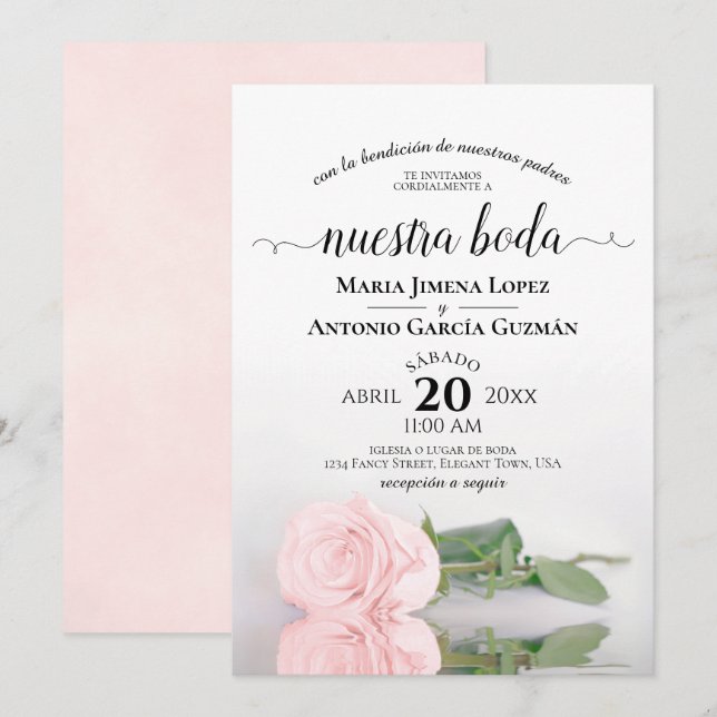 Invitation Élégant Rose rose espagnol Nuestra Boda Mariage (Devant / Derrière)