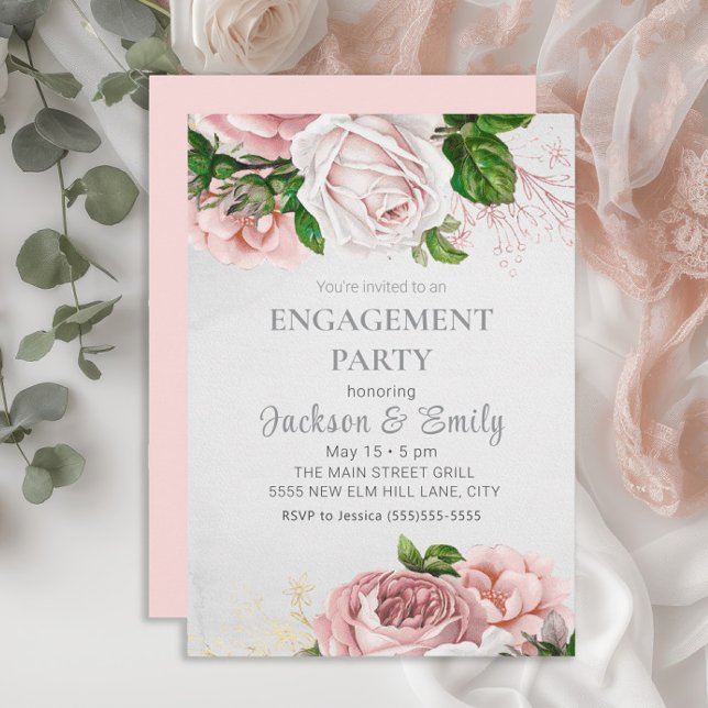 Invitation Élégant Rose Rose Floral Cream Party (Elegant blush pink watercolor vintage floral engagement party invitation)
