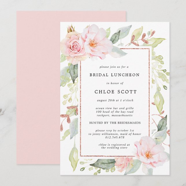 Invitation Élégant Rose rose Floral Gold Bridal déjeuner (Devant / Derrière)