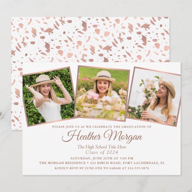 Invitation Elégant Rose Rose Gold 3 Photo Graduation Party (Devant / Derrière)
