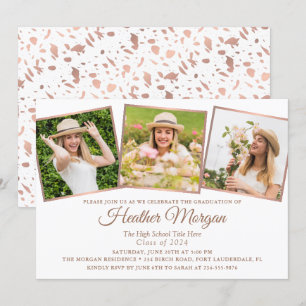 Invitation Elégant Rose Rose Gold 3 Photo Graduation Party