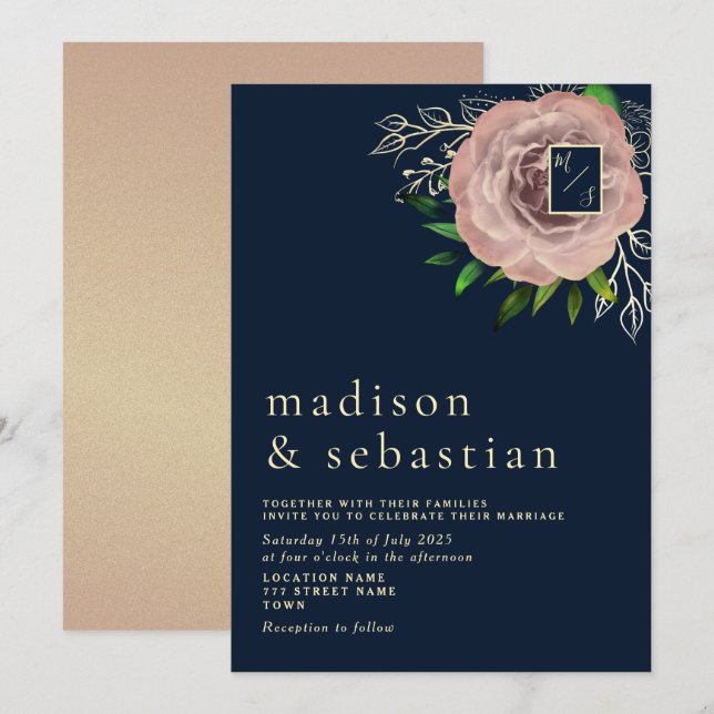 Invitation Elégant Rose Rose Marine Blue Gold Mariage Invitat (Devant / Derrière)