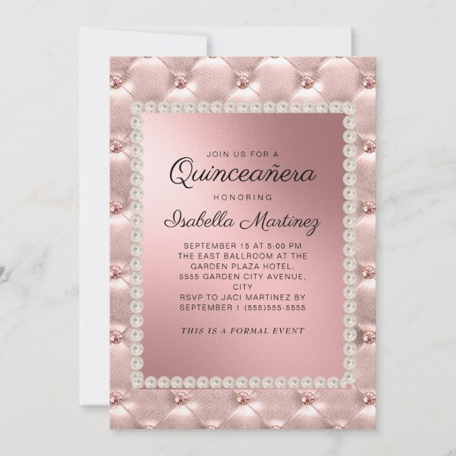 Invitation Elégant Rose Rose Or Quinceañera Photo Perles (Devant)