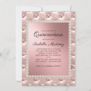 Invitation Elégant Rose Rose Or Quinceañera Photo Perles