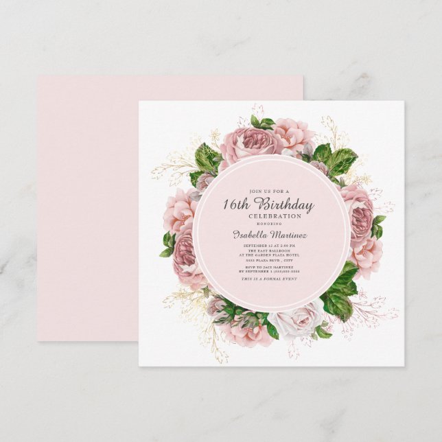 Invitation Élégant Rose rose pâle Floral 16e anniversaire (Devant / Derrière)