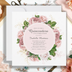 Invitation Élégant Rose rose pâle Floral blanc Quinceañera