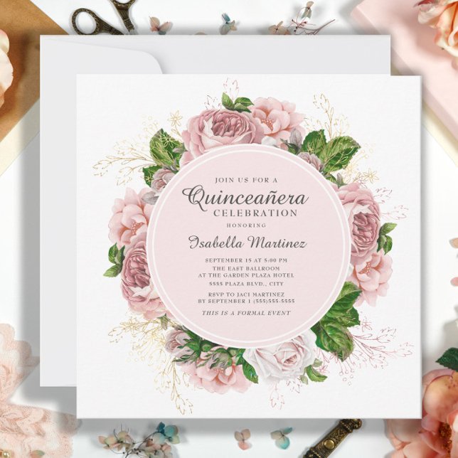 Invitation Élégant Rose rose pâle Floral blanc Quinceañera (Elegant pink vintage roses Quinceañera invitation)
