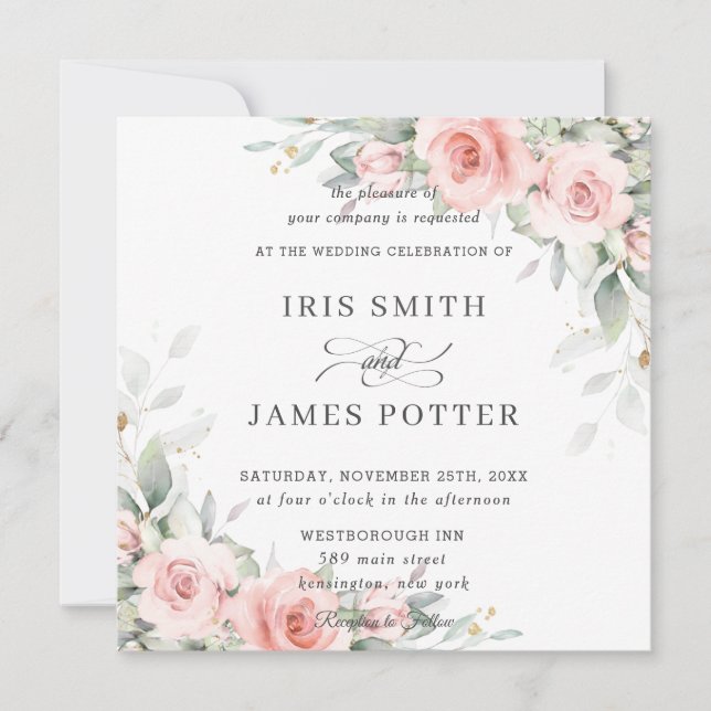 Invitation Élégant rose rose rose floral Carré Mariage (Devant)