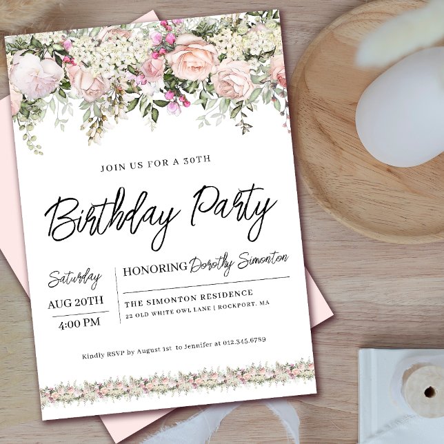 Invitation Élégant rose rose rose florale 30e anniversaire (Matching welcome signs, other party supplies available. Message me for help finding them!)