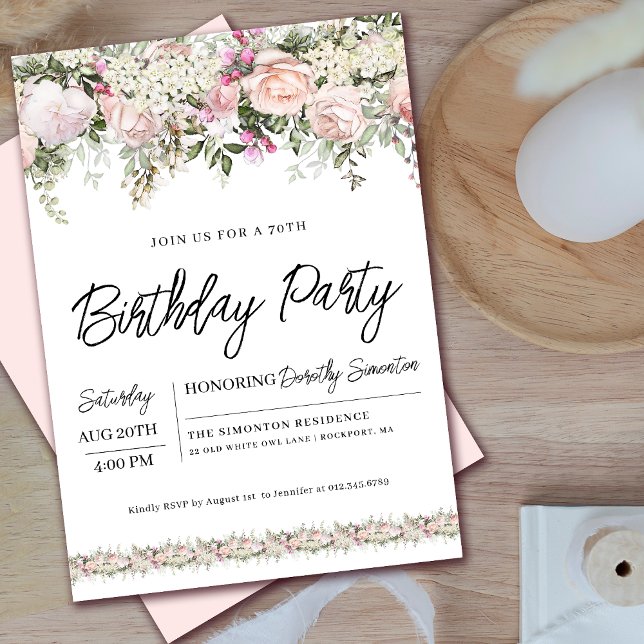 Invitation Élégant rose rose rose florale 70e anniversaire (Coordinating welcome signs and party supplies available. Message me for help finding them!)