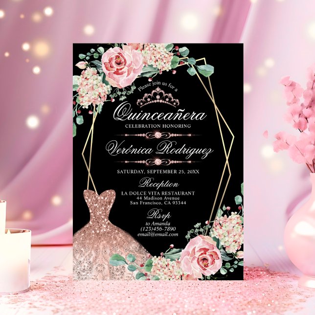Invitation Elégant rose rose Rose noir Quinceañera Quince Tia (Elegant Pink Rose Black Quinceañera Quince Tiara Invitation)