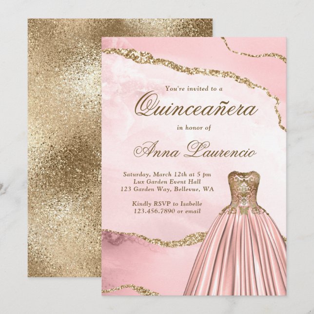 Invitation Élégant rose rose rose or marbre Agate Quinceanera (Devant / Derrière)