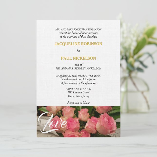 Invitation Elégant rose Roses Aimer Or Blanc (Debout devant)