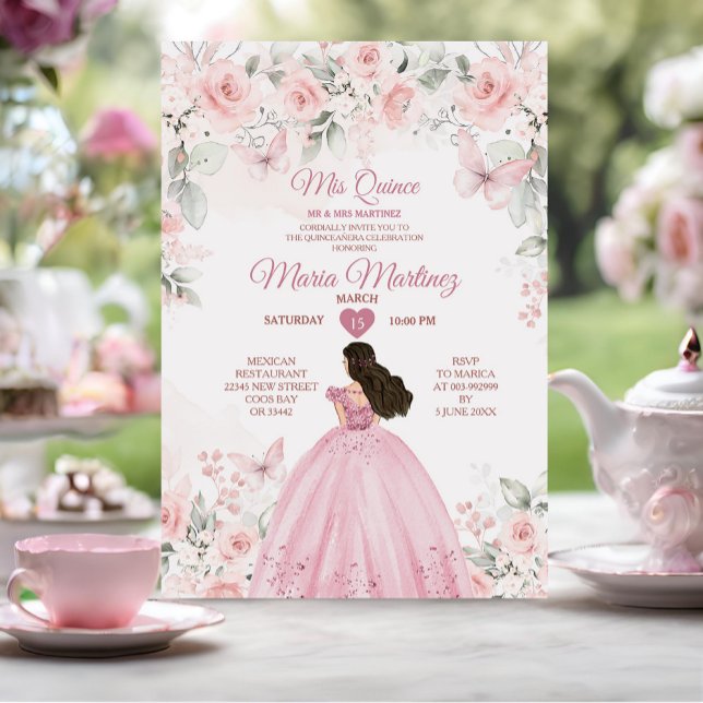 Invitation Elégant rose Roses Floral 16e Quiñceanera Mexicain (Créateur téléchargé)