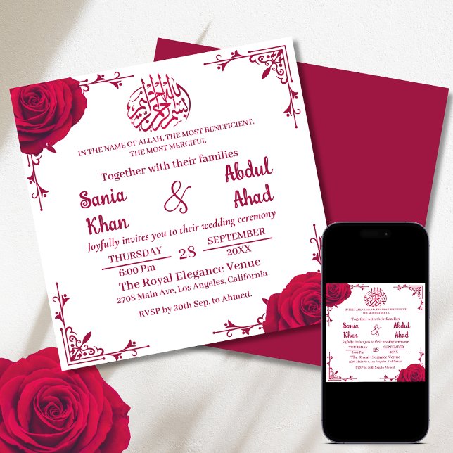 Invitation Élégant Rose rouge Floral Mariage musulman islamiq (Créateur téléchargé)
