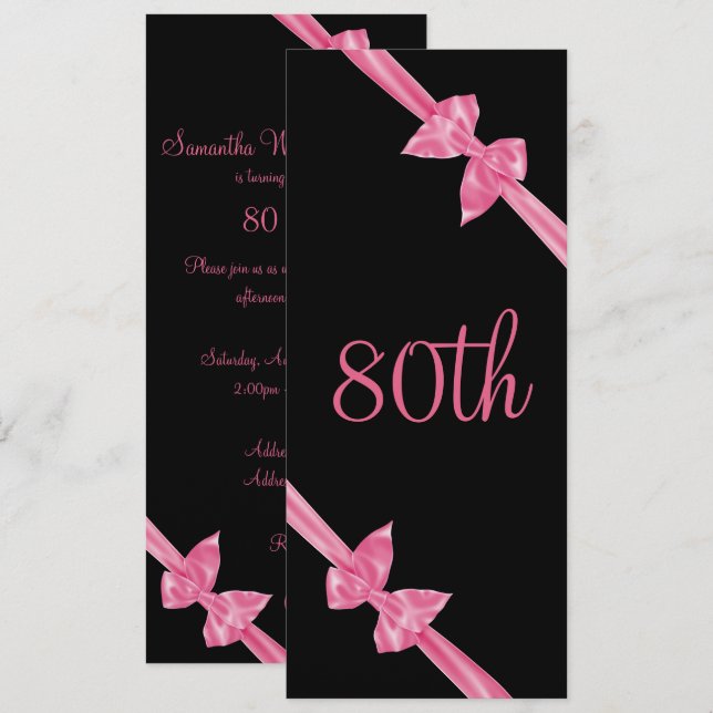Invitation Elégant rose Satin Bows 80e anniversaire (Devant / Derrière)