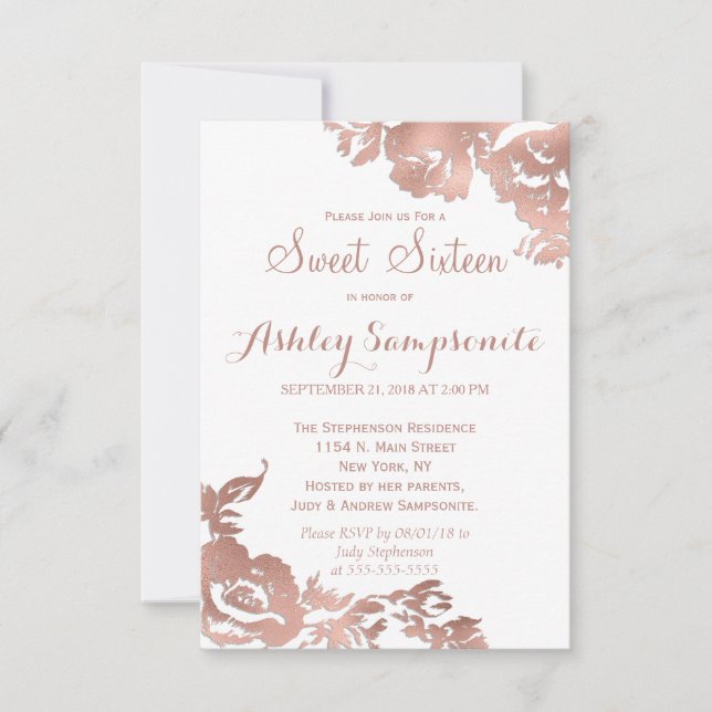 Invitation Élégant Rose simple Or blanc Floral Sweet 16 (Devant)