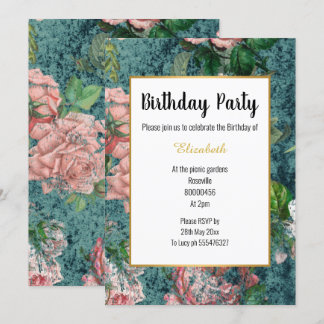 INVITATION ELÉGANT ROSE TURQUOISE ROSE FLORAL ANNIVERSAIRE