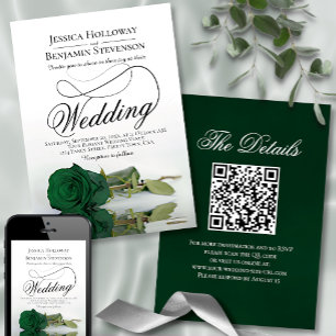 Invitation Élégant Rose vert émeraude Fancy QR Code Mariage