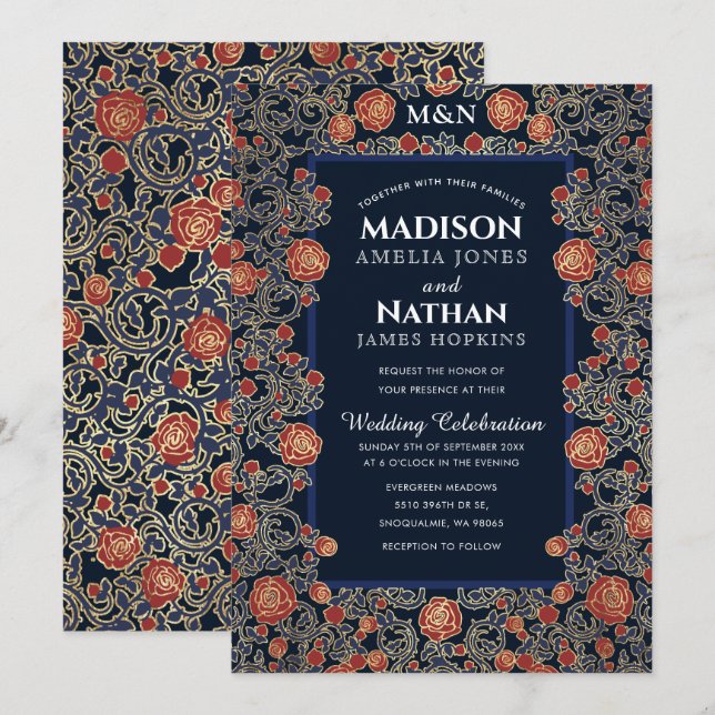 Invitation Élégant Rose victorien Mariage Gold Foil (Devant / Derrière)