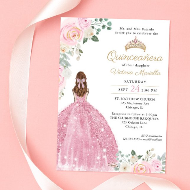 Invitation Elégant rose vif or floral Quinceañera 15e (Créateur téléchargé)