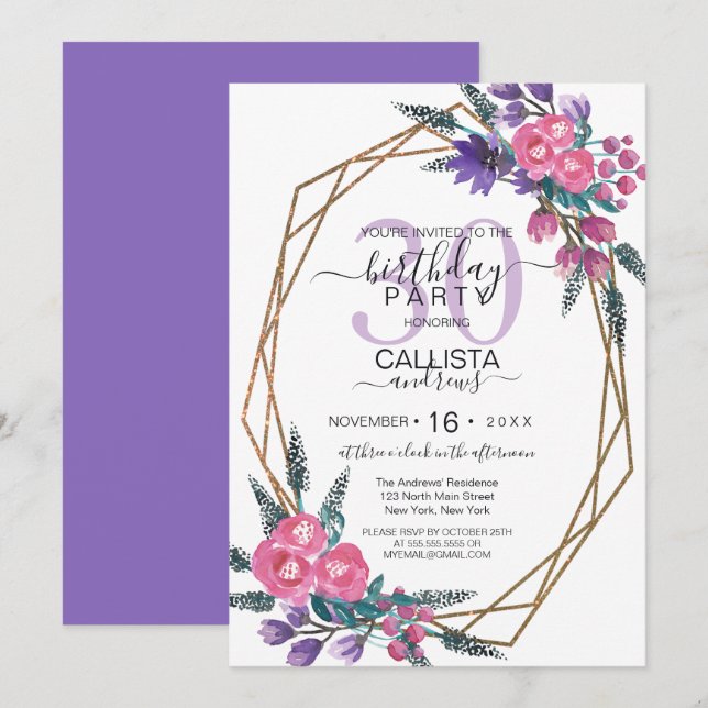 Invitation Elégant rose violet Aquarelle Fleurs Anniversaire (Devant / Derrière)