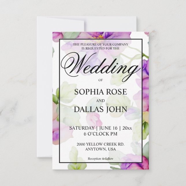 Invitation Elégant rose violet aquarelle Mariage floral (Devant)