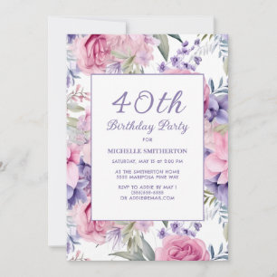 Invitation Élégant rose violet fleuri 40e anniversaire