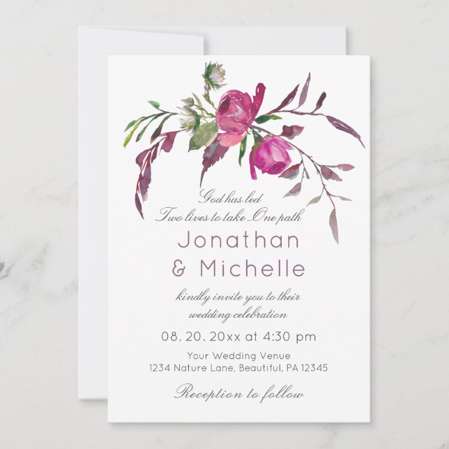 Invitation Élégant rose violet Floral Mariage chrétien (Devant)