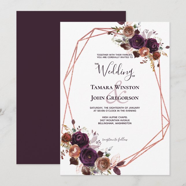 Invitation Élégant Rose violet or Floral Mariage géométrique (Devant / Derrière)