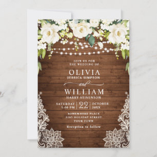 Invitation Elégant Roses Blanches Dentelle Mariage en bois ru