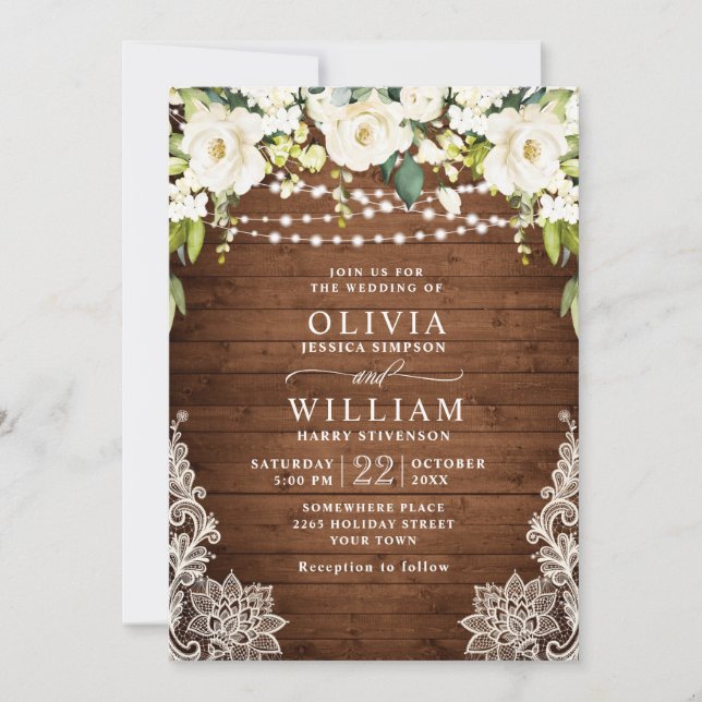 Invitation Elégant Roses Blanches Dentelle Mariage en bois ru (Devant)