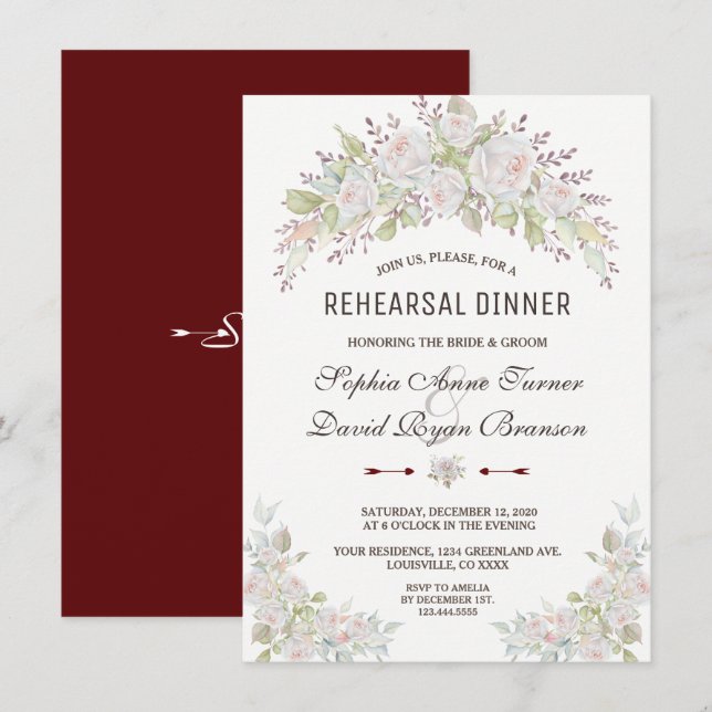 Invitation Élégant Roses Blanches Roses Burgundy Dîner de rép (Devant / Derrière)