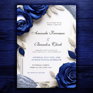 Invitation Elégant Roses bleu marine et Mariage Parties scint
