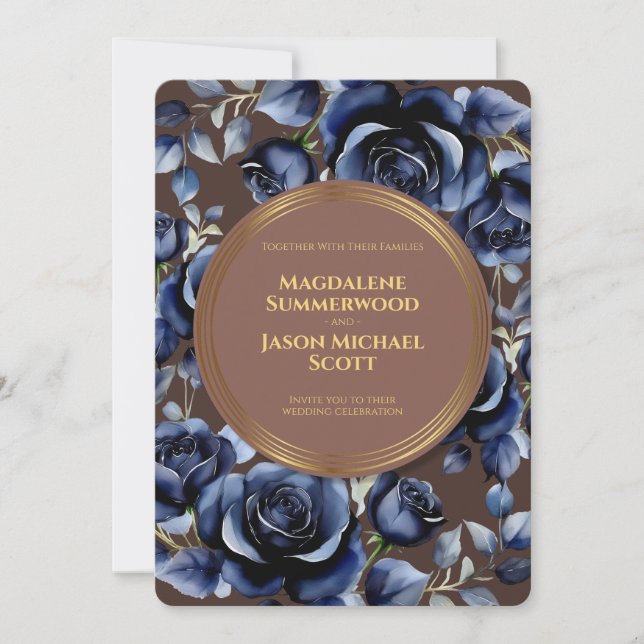 Invitation Elégant Roses bleu marine Floral & Or Brown (Devant)