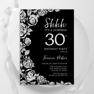 Invitation Elégant Roses d'argent noir surprise 30e anniversa