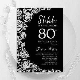 Invitation Elégant Roses d'argent noir surprise 80e anniversa