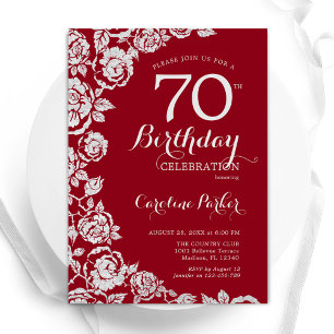 Invitation Elégant Roses d'argent rouge 70e fête d'anniversai
