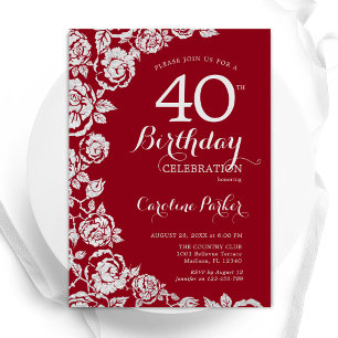 Invitation Elégant Roses d'argent rouge fête de 40e anniversa