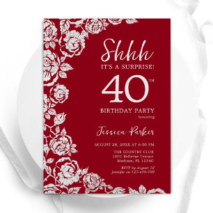 Invitation Elégant Roses d'argent rouge surprise 40e annivers