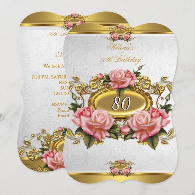 Invitation Elégant Roses d'or rose blanc 80e anniversaire 2 (Devant / Derrière)