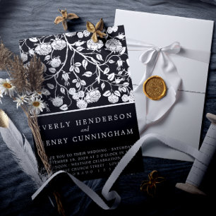 Invitation Elégant Roses Noir & Blanc Mariage Floral