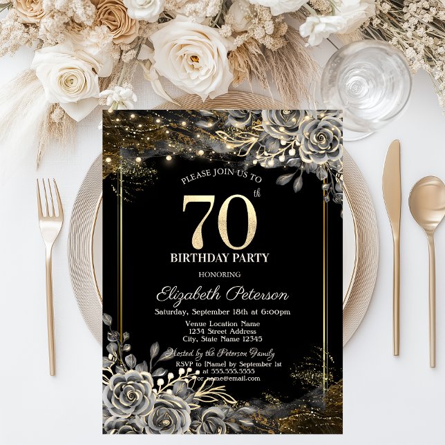 Invitation Elégant Roses noirs, Lumières Black 70e anniversai (Créateur téléchargé)