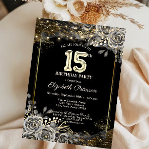 Invitation Elégant Roses noirs, Lumières Noir 15e anniversair