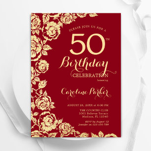 Invitation Elégant Roses Red Gold 50e anniversaire