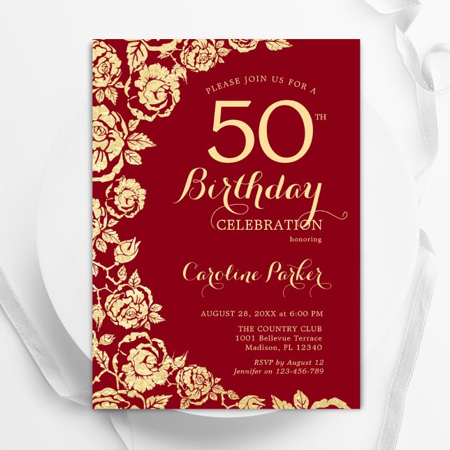 Invitation Elégant Roses Red Gold 50e anniversaire (Créateur téléchargé)