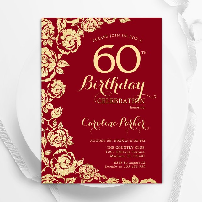 Invitation Elégant Roses Red Gold 60e anniversaire (Créateur téléchargé)