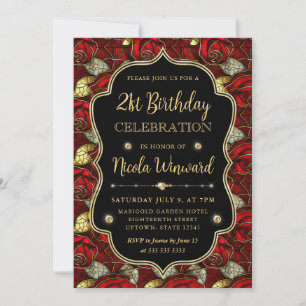 Invitation Elegant Roses Rouges Vitrail 21e Anniversaire