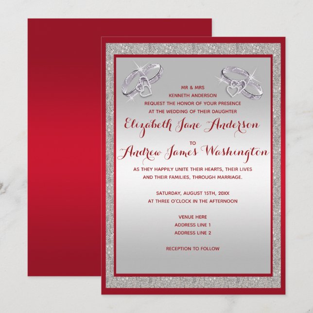 Invitation Élégant Rouby Rouge & Mariage de Bagues Argent Spa (Devant / Derrière)