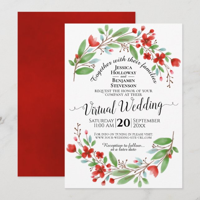 Invitation Elégant rouge aquarelle Floral Mariage virtuel (Devant / Derrière)